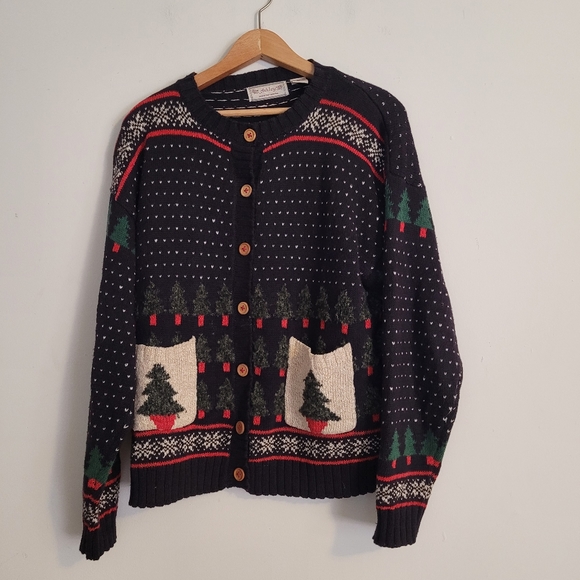 Ashley By 26 International Sweaters Vintage Ashley Christmas Tree Sweater Button Down Knit